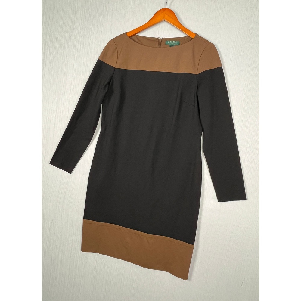 Lauren Ralph Lauren Dress Women 14 Black Brown Colorblock Sheath Ponte LS